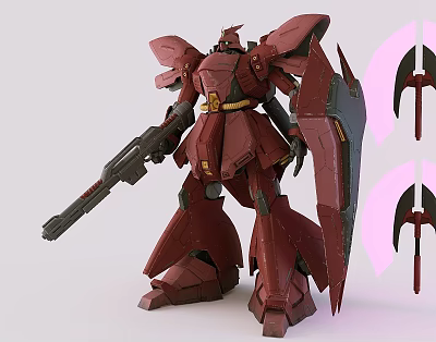 Detailed Red Mecha Figure In Action Pose With Weapon Shield And Pink Components 3d model