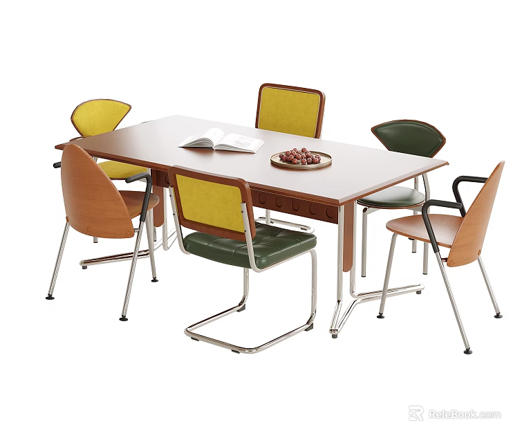 Modern Wooden Table and Chair Set with Colored Seats Metal Legs Book and Fruit Plate 3d model 