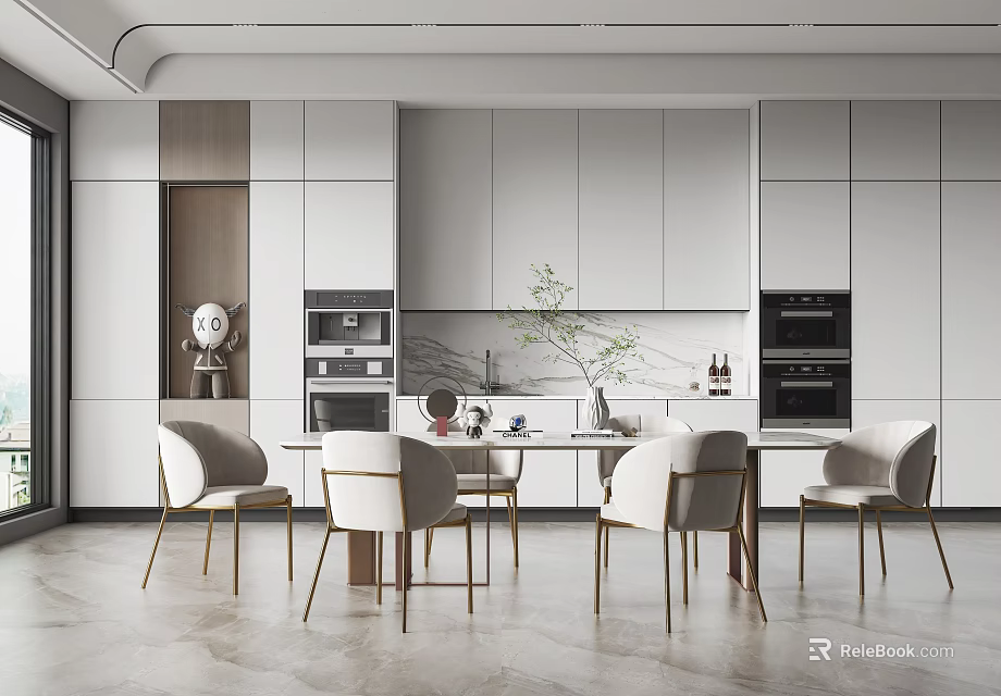 Elegant Modern Restaurant Interior With Marble Dining Table And Comfortable Chairs 3d model