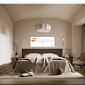 Beige Bedroom Interior With Arched Wall Chandelier Bed Rug And Accent Chair