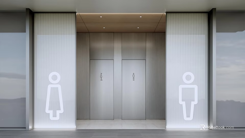 Modern Public Restrooms With Two Metal Doors Gender Symbols And Wooden Ceiling 3d model 