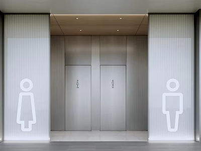 Modern Public Restrooms With Two Metal Doors Gender Symbols And Wooden Ceiling 3d model