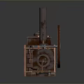 Vintage Mechanical Device Featuring Large Wheel Chimney Brick Structure And Metal Components 3d model