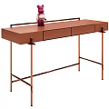Modern Brown Desk With Pink Bear Figurine On Top And Metal Legs