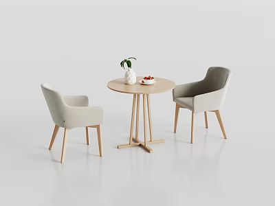 Modern Round Table And Upholstered Chairs Set With Green Plant And Fruit Plate 3d model