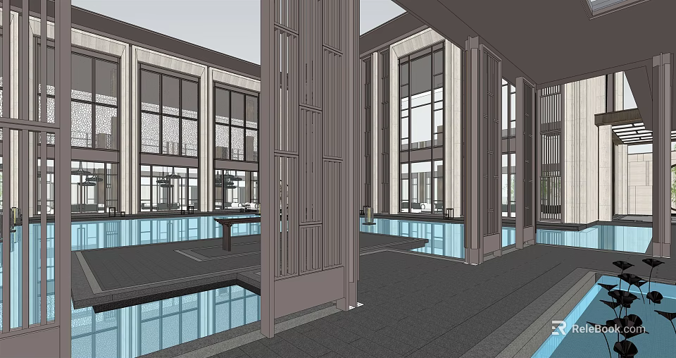 Spacious Modern Sales Office Interior With Large Glass Windows Chinese Grilles And Water Features 3d model 
