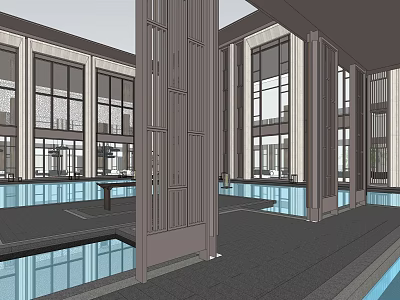 Spacious Modern Sales Office Interior With Large Glass Windows Chinese Grilles And Water Features 3d model