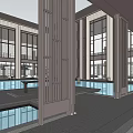 Spacious Modern Sales Office Interior With Large Glass Windows Chinese Grilles And Water Features