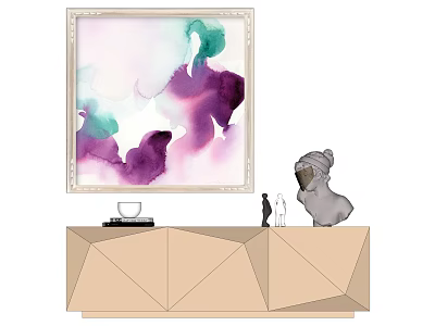 Abstract Watercolor Painting On Wall With Geometric TV Stand And Decorative Items 3d model