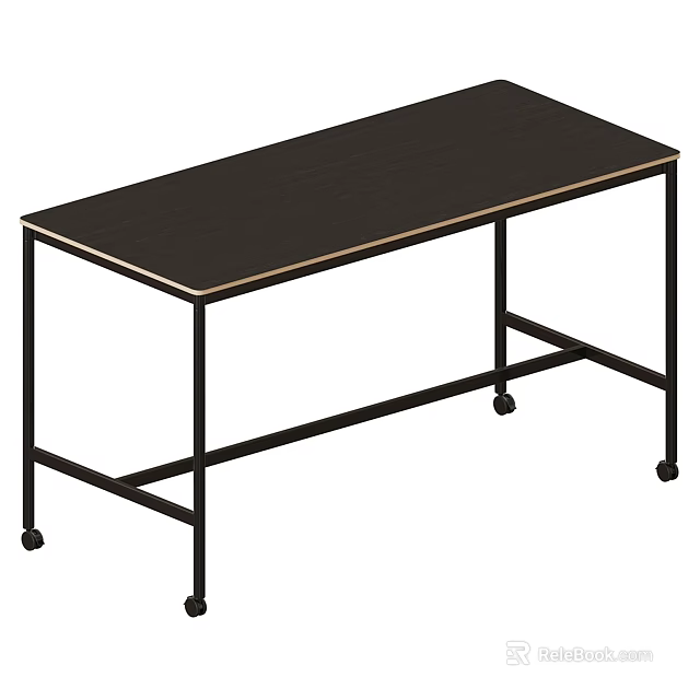 Simple Desk With Black Tabletop Sturdy Metal Frame And Rolling Wheels 3d model