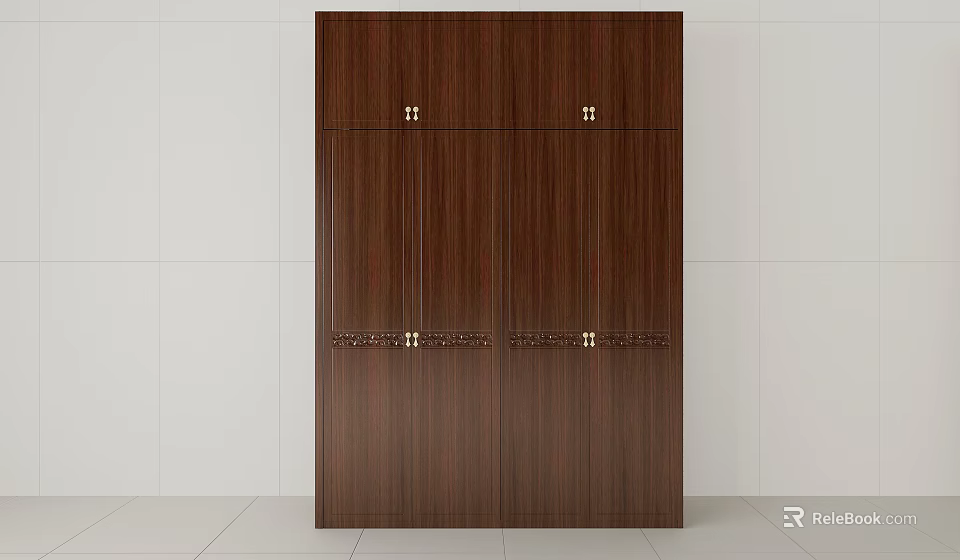 Elegant Brown Wooden Wardrobe With Multiple Doors And Decorative Brass Handles 3d model 