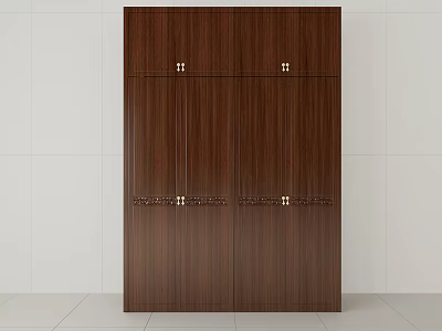 Elegant Brown Wooden Wardrobe With Multiple Doors And Decorative Brass Handles 3d model