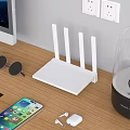 Modern Computer Workspace With Monitor Router Smartphone Wireless Earbuds And Mouse On Wooden Desk