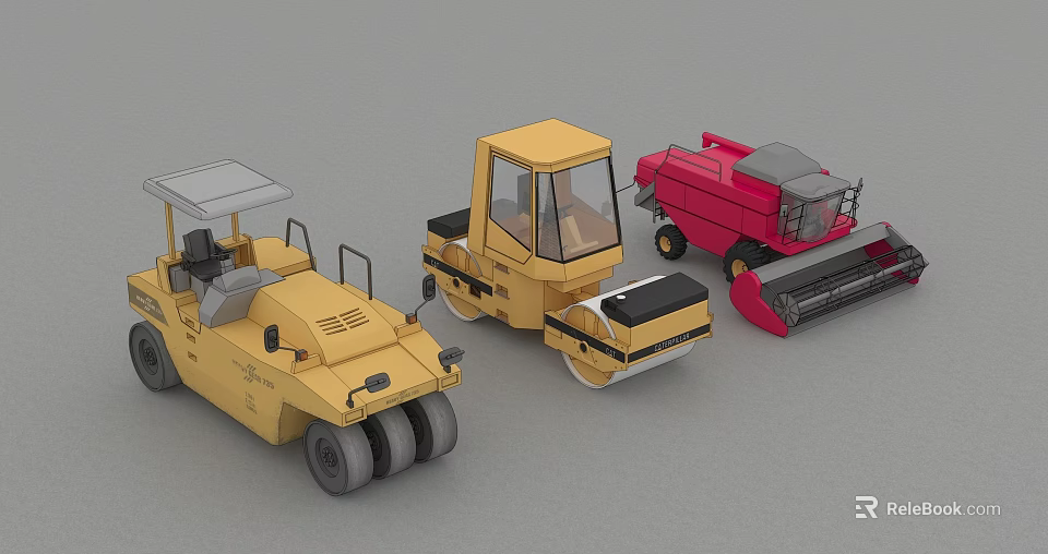 Utility Vehicles Including Yellow Double And Single Drum Road Rollers And Red Harvesters 3d model