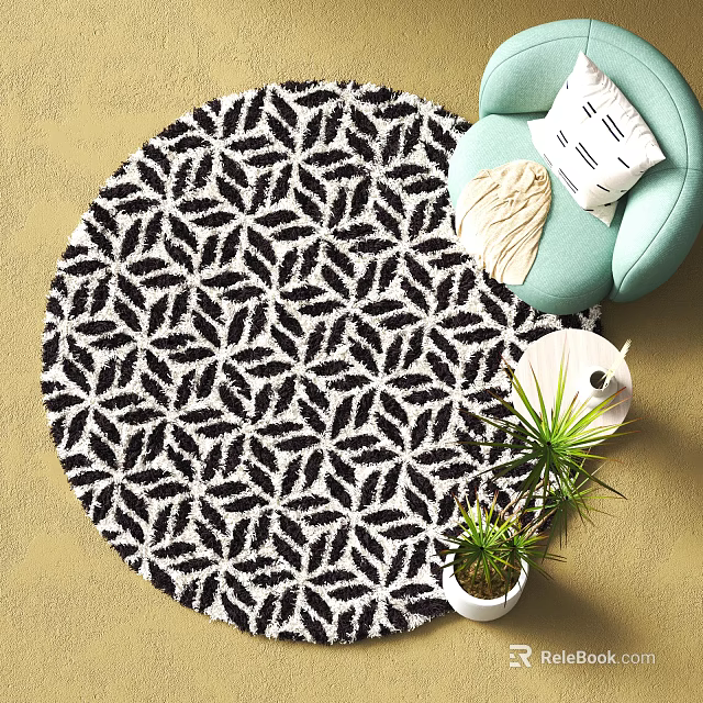 Round Area Rug With Black and White Leaf Pattern And Mint Green Chair Potted Plants 3d model 