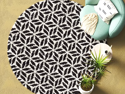 Round Area Rug With Black and White Leaf Pattern And Mint Green Chair Potted Plants 3d model
