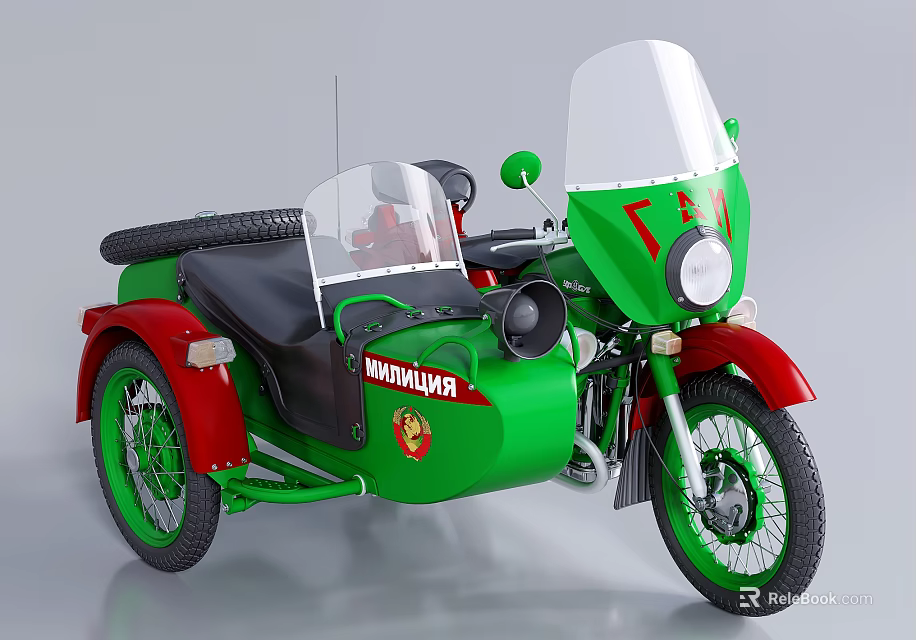 Vintage Ural Motorcycle with Red Sidecar Green Body Black Seat Windshield 3d model 
