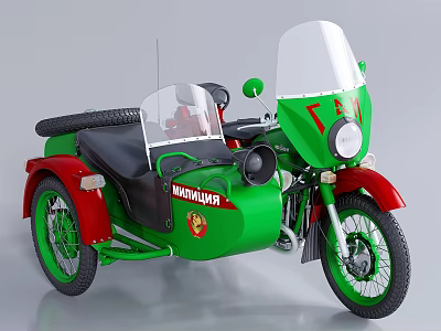Vintage Ural Motorcycle with Red Sidecar Green Body Black Seat Windshield 3d model