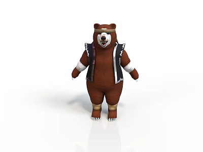 Cartoon Brown Bear Wearing Black Vest And Goggles With White Paws Standing On White Background 3d model