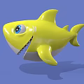 Yellow Cartoon Shark With Big Blue Eyes Open Mouth Friendly Look On Blue Background