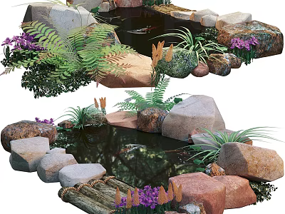 Tranquil Garden Water Fountain With Natural Rocks Ferns And Purple Flowers 3d model