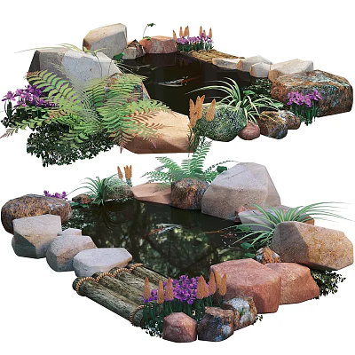 Tranquil Garden Water Fountain With Natural Rocks Ferns And Purple Flowers 3d model