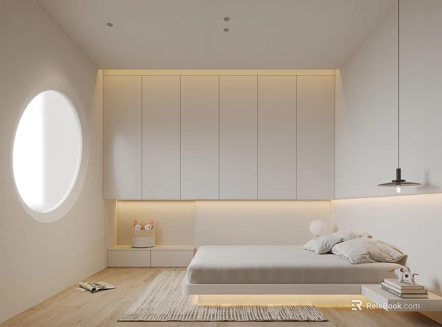 Modern Tatami Bedroom Interior With White Cabinets Circular Window Wooden Floor And Ambient Lighting 3d model 