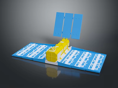 Scale Satellite Model Featuring Blue Solar Panels And Yellow Main Structure On Platform 3d model