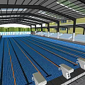 Covered Swimming Pool With Lane Lines Starting Blocks Spectator Seats And Surrounding Buildings