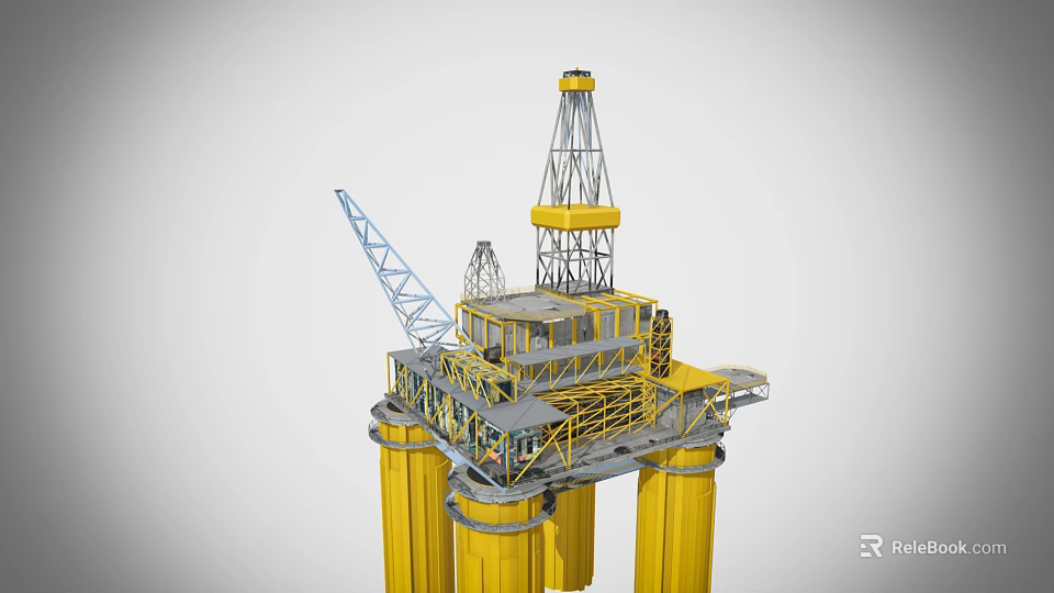 Industrial Plant Offshore Drilling Platform Featuring Yellow Pillars Drilling Tower and Blue Crane 3d model 