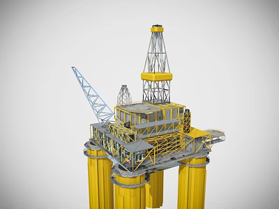 Industrial Plant Offshore Drilling Platform Featuring Yellow Pillars Drilling Tower and Blue Crane 3d model