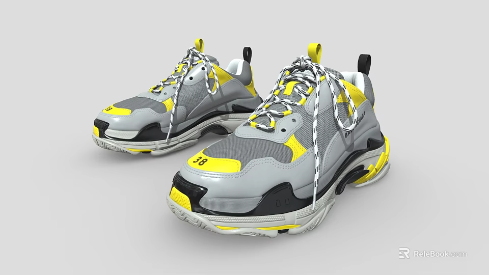 Gray and Yellow Sneakers with Black Accents White Laces Thick Sole Sporty Design 3d model 
