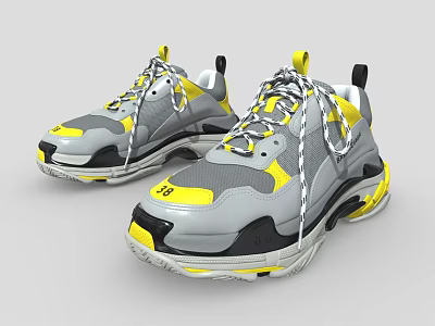 Gray and Yellow Sneakers with Black Accents White Laces Thick Sole Sporty Design 3d model