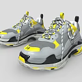 Gray and Yellow Sneakers with Black Accents White Laces Thick Sole Sporty Design