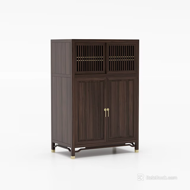 Modern Chinese Style Dark Wooden Sideboard Cabinet with Lattice Doors Golden Handles and Legs 3d model 