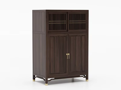 Modern Chinese Style Dark Wooden Sideboard Cabinet with Lattice Doors Golden Handles and Legs 3d model