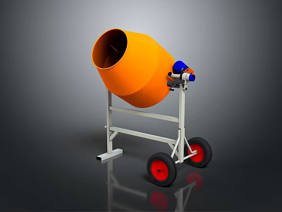 Orange Industrial Cement Mixer with Metal Frame and Red Wheels 3d model