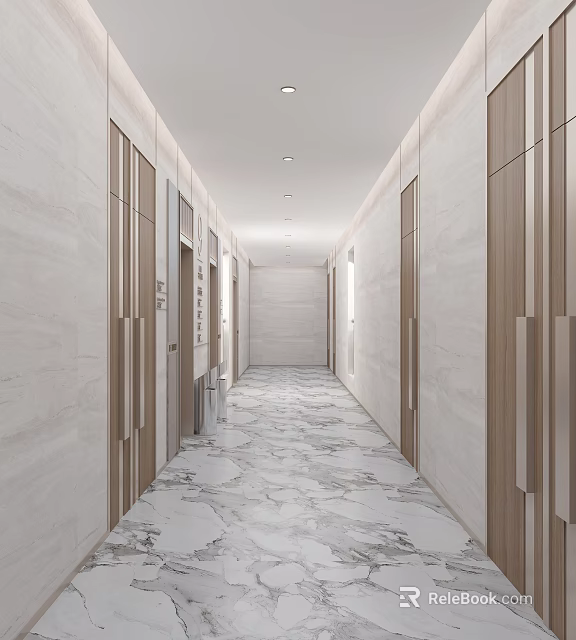 Modern Elevator Corridor With Light Stone Walls And Marble Floor 3d model