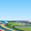 Kids Playground Design With Colorful Slides Circular Track Lawn Area And Climbing Structures