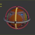 Ornate Metallic Spherical Structure With Orange Silver Surface And Golden Circular Rings