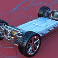 Detailed 3D Blueprint of Electric Vehicle Chassis With Battery And Wheels