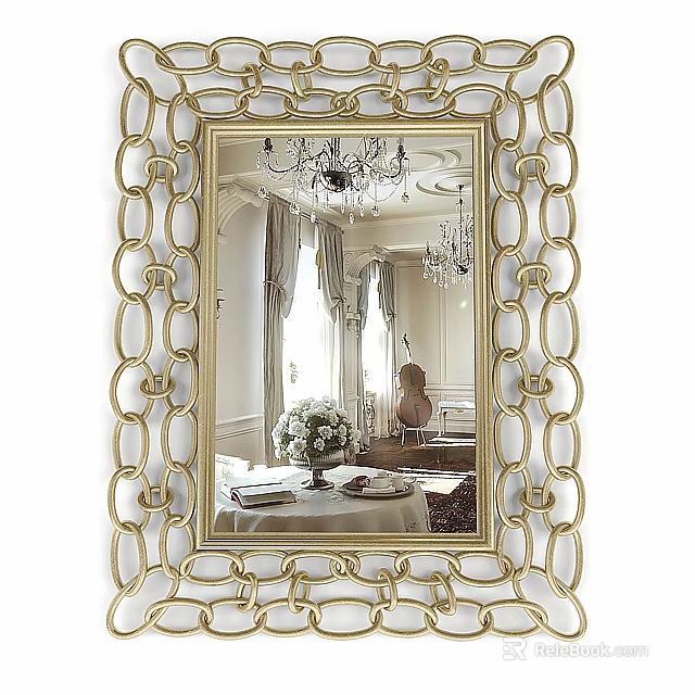 Decorative Golden Frame Mirror Reflecting Chandelier And Dining Table With Flower Vase 3d model 