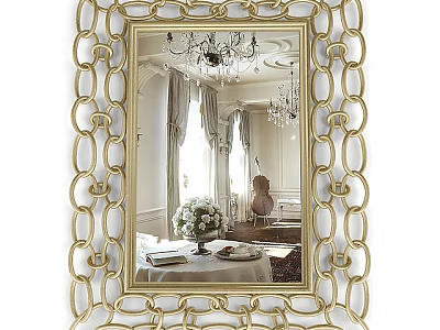 Decorative Golden Frame Mirror Reflecting Chandelier And Dining Table With Flower Vase 3d model