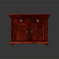 Red Wooden Chinese Style Console Cabinet with Carved Design Double Doors and Metal Handles