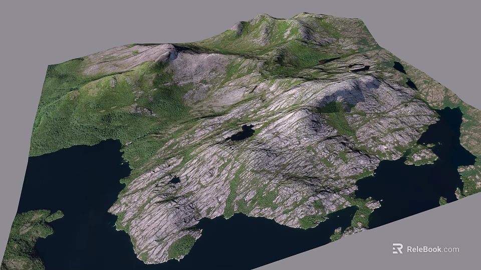 3D Terrain Model With Mountainous Landscape Green Vegetation And Water Areas 3d model 