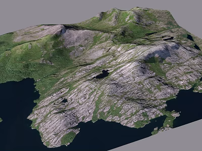 3D Terrain Model With Mountainous Landscape Green Vegetation And Water Areas 3d model
