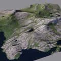 3D Terrain Model With Mountainous Landscape Green Vegetation And Water Areas