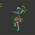 Two Dynamic Characters In Green Outfits Performing Fighting Action With Yellow Energy Effects