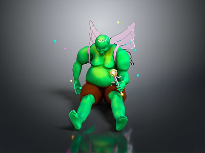 Green Chubby Fairy Character With Pink Wings Magic Wand And Colorful Sparkles Sitting 3d model