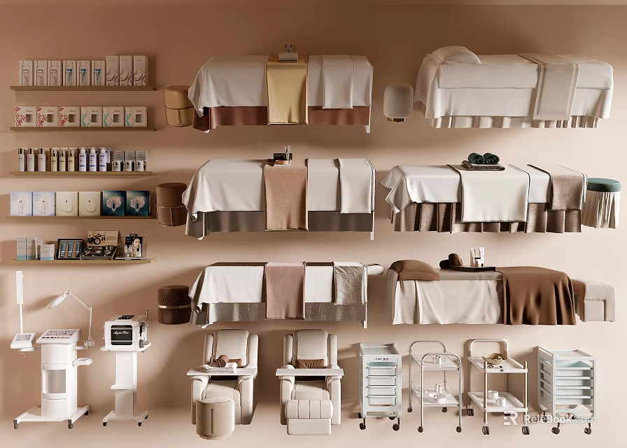 Modern Beauty Salon Equipment With Treatment Beds Trolleys Shelves And Skincare Products 3d model 